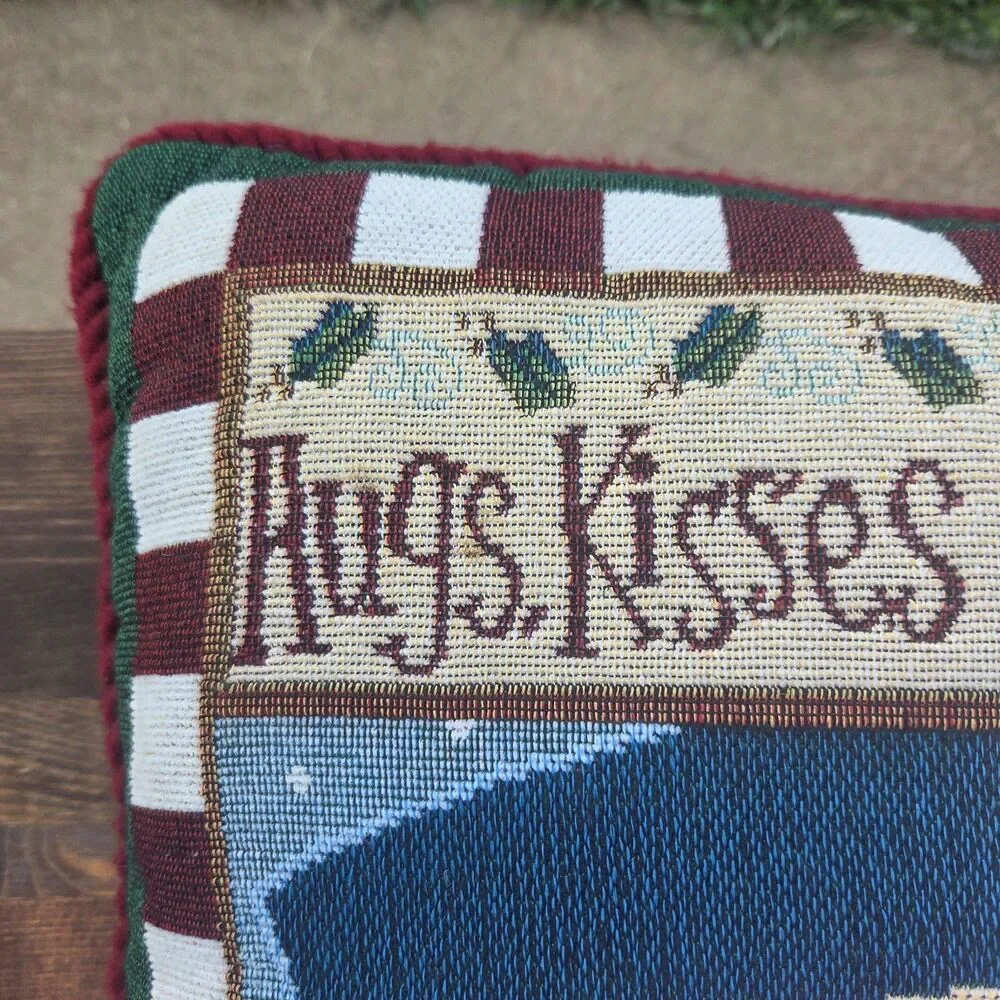 Vintage 18x18 Snowman Tapestry Pillow Hugs Kisses Holiday Wishes Double Sided